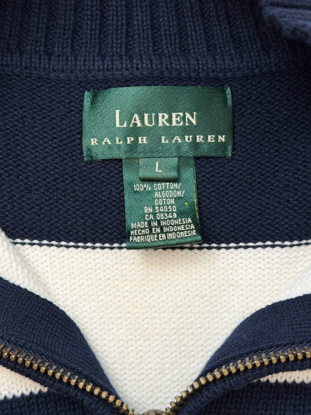 VTG Lauren Ralph Lauren 100% Cotton Striped 1/4 Zip Sweater Crest Logo Preppy L - Picture 4 of 12